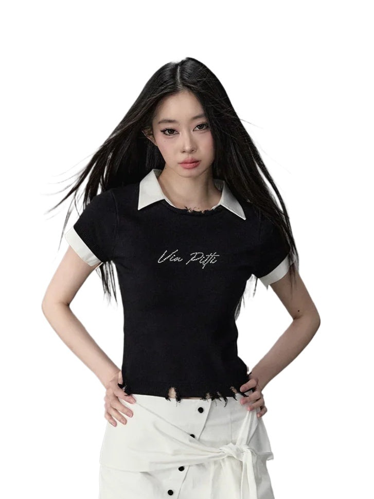 Deep Blue &amp; Black Mock Two-piece Knit Sweater with Patchwork Short Sleeves - CHINASQUAD
