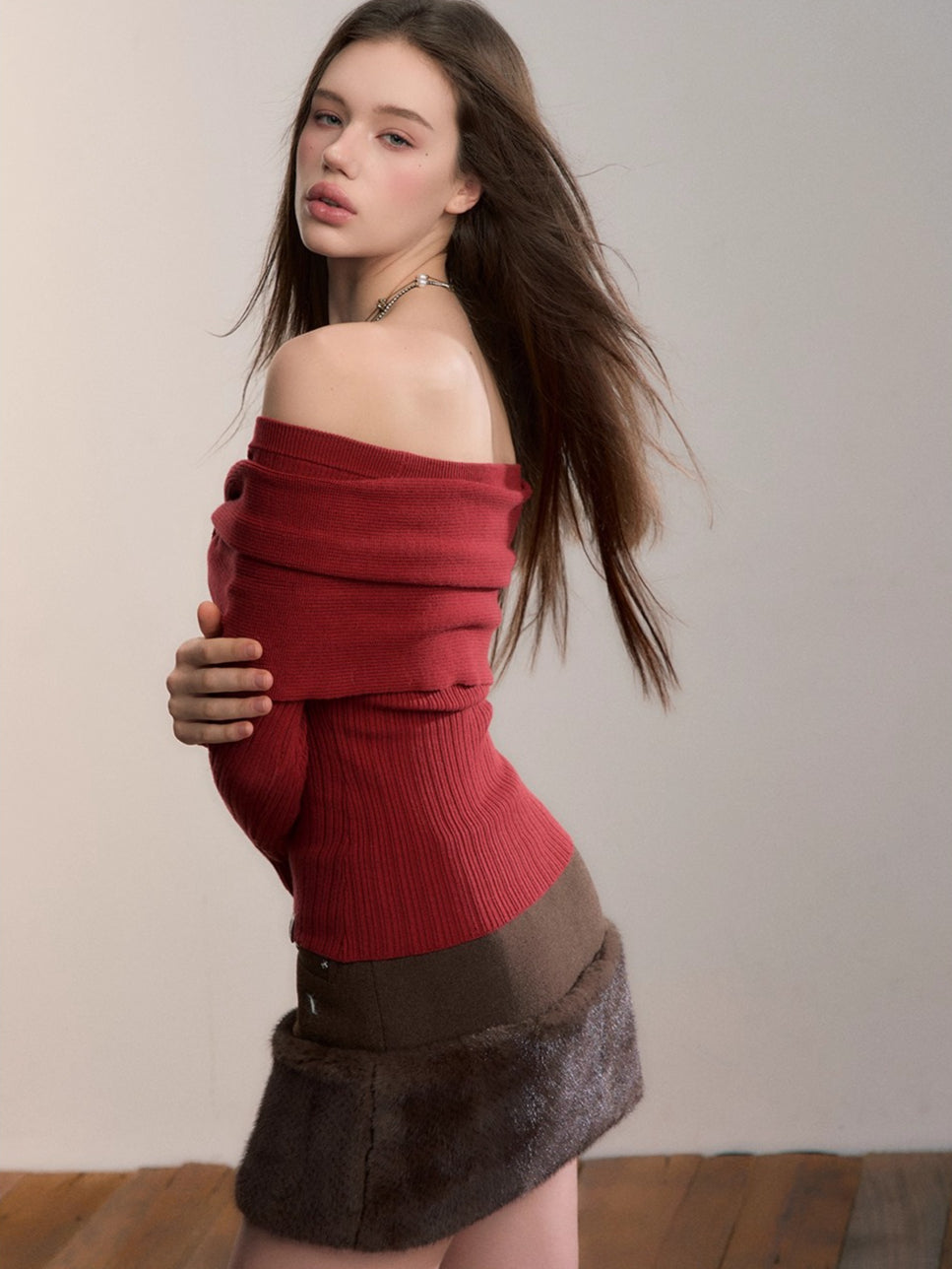 Off-Shoulder Bow Detail Knit Crewneck