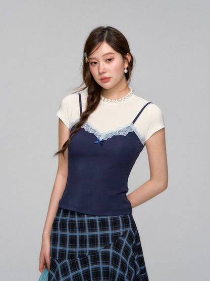 Fake Two Piece Lace Bow Short-Sleeve T-shirt