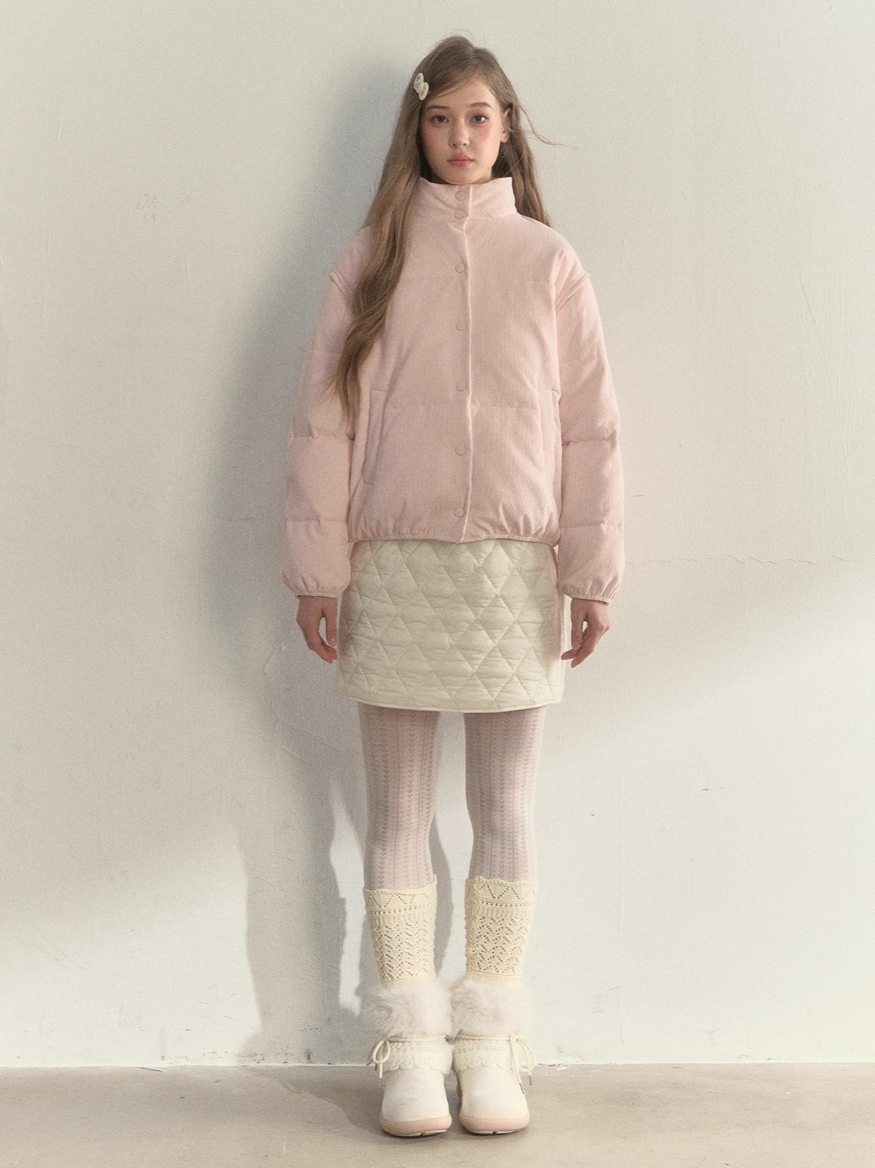 Pink Detachable-Sleeve Corduroy Floral Reversible Jacket