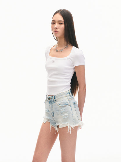 Ice Silk Ribbed Waist Cinching Round Corner T-Shirt