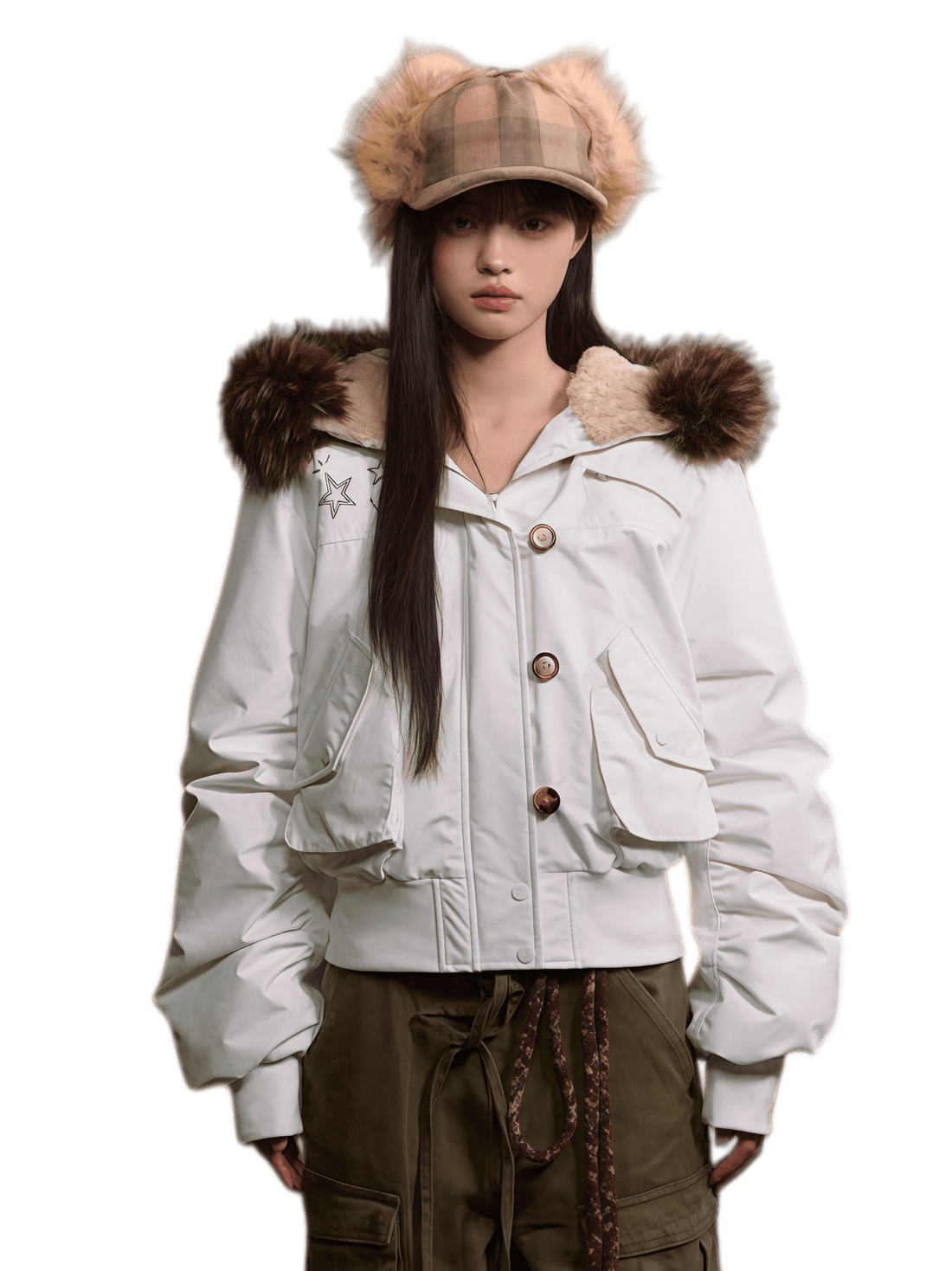 Studded Faux Fur Collar Bomber Down Jacket