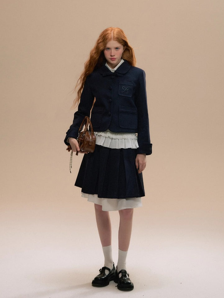 Navy &amp; Beige Double Waist Pleated Skirt