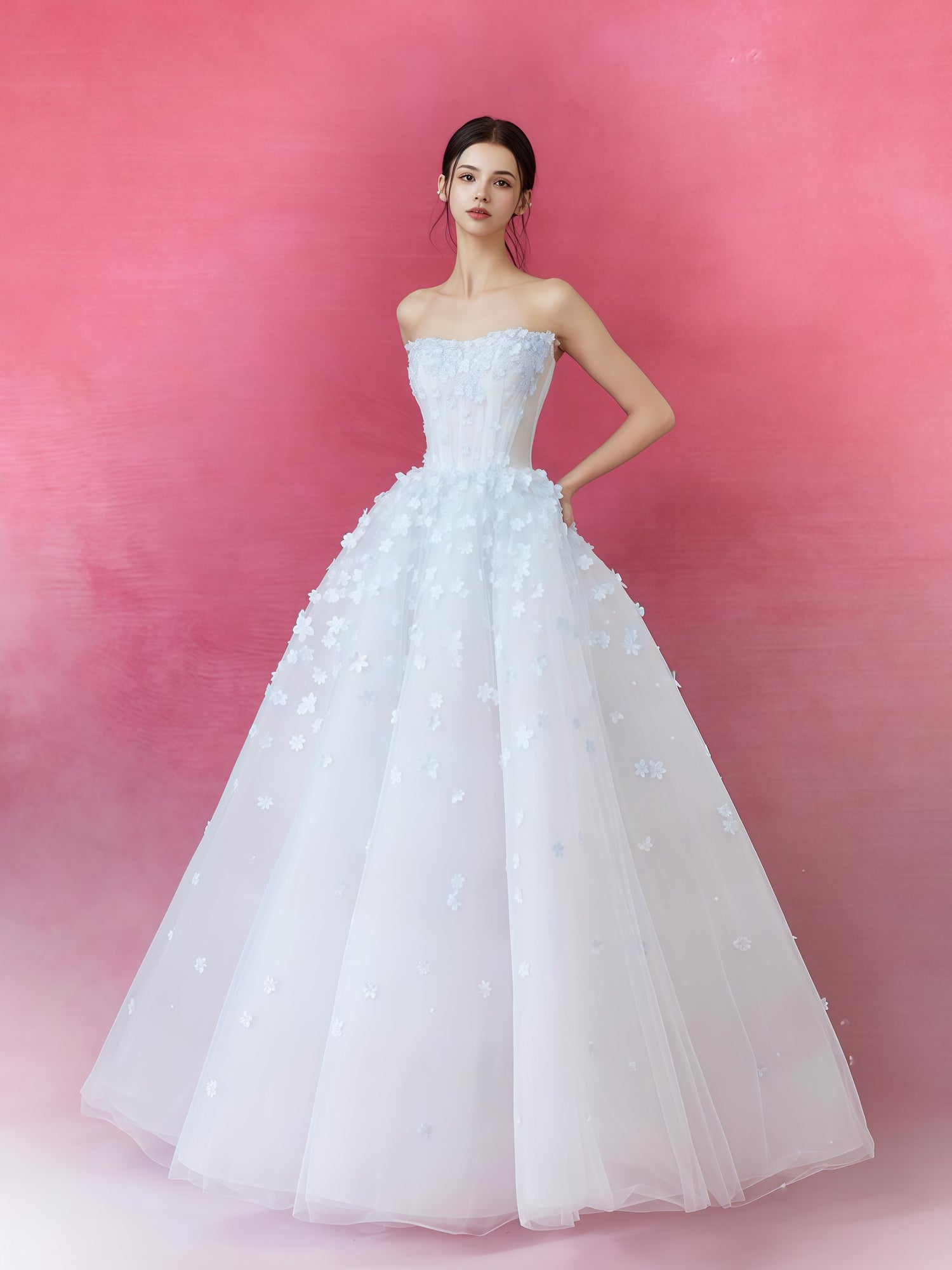 Celestial Blue Floral Appliqué Tulle Ball Gown with Sheer Cape