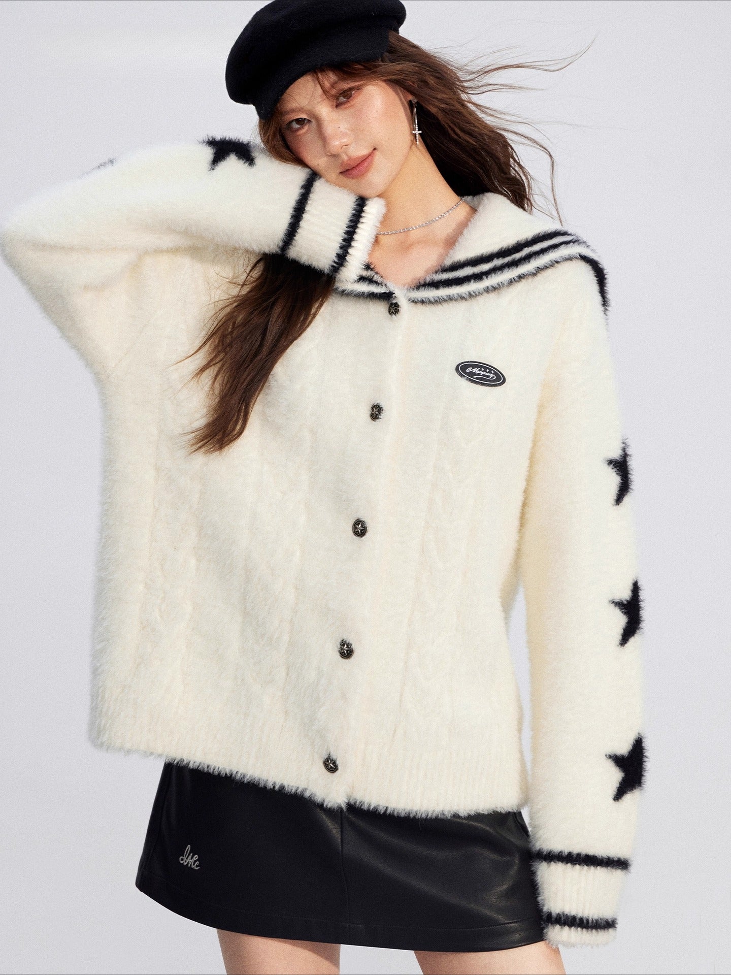 Navy-Collar Mink Plush Knit Turtleneck