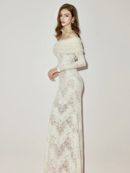 Cynthia Off-Shoulder Fur Collar Long Sleeve Lace Dress