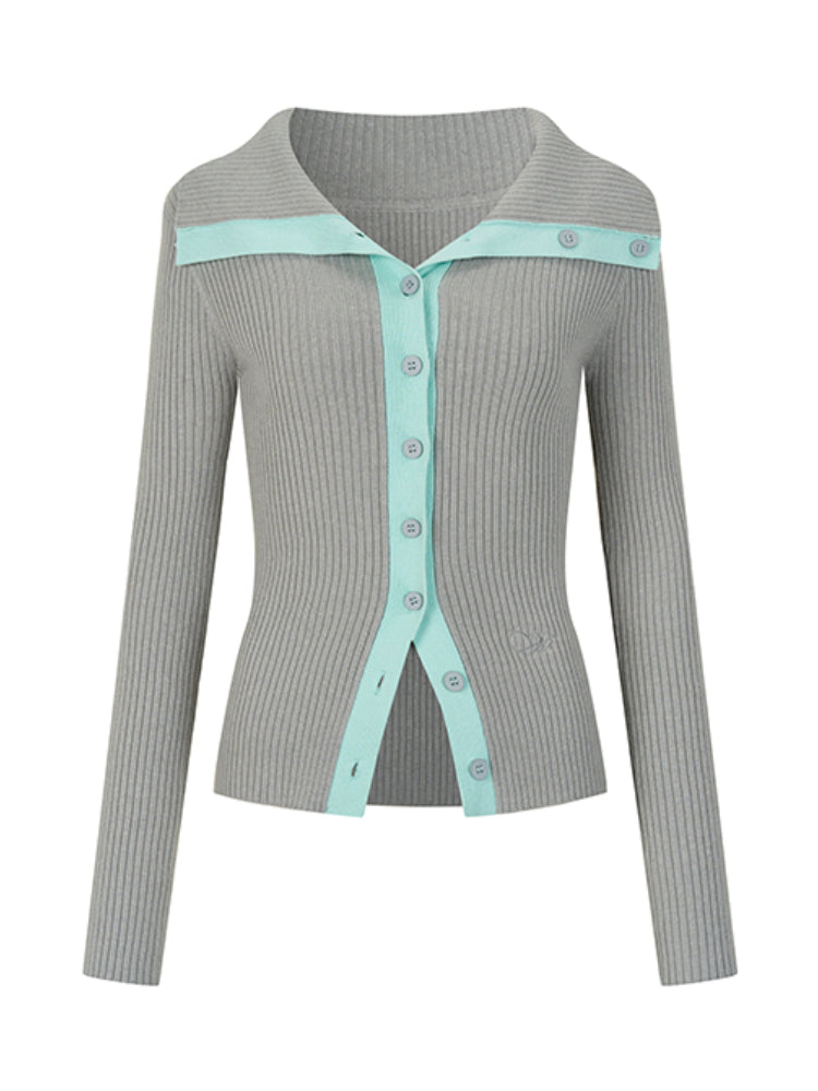 Color-Block Large-Collar Knitted Cardigan