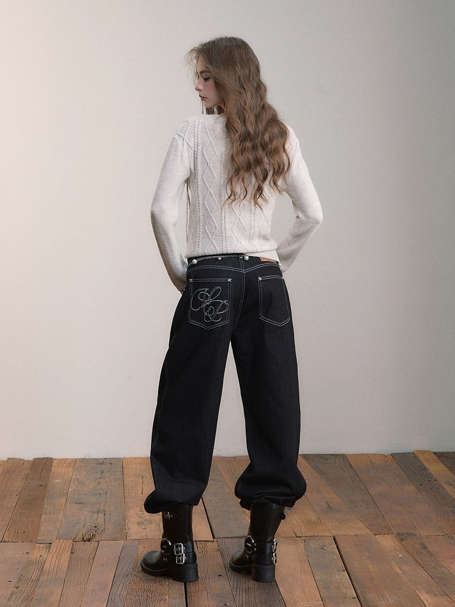 Asymmetrical Tie-Neck Cable Knit Sweater