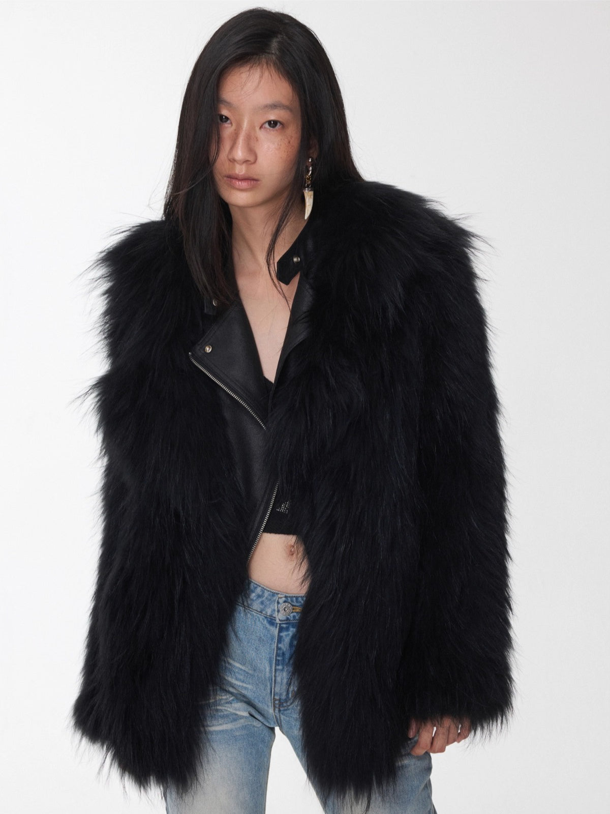 Raccoon Fur Oversized Lapel Woven Coat