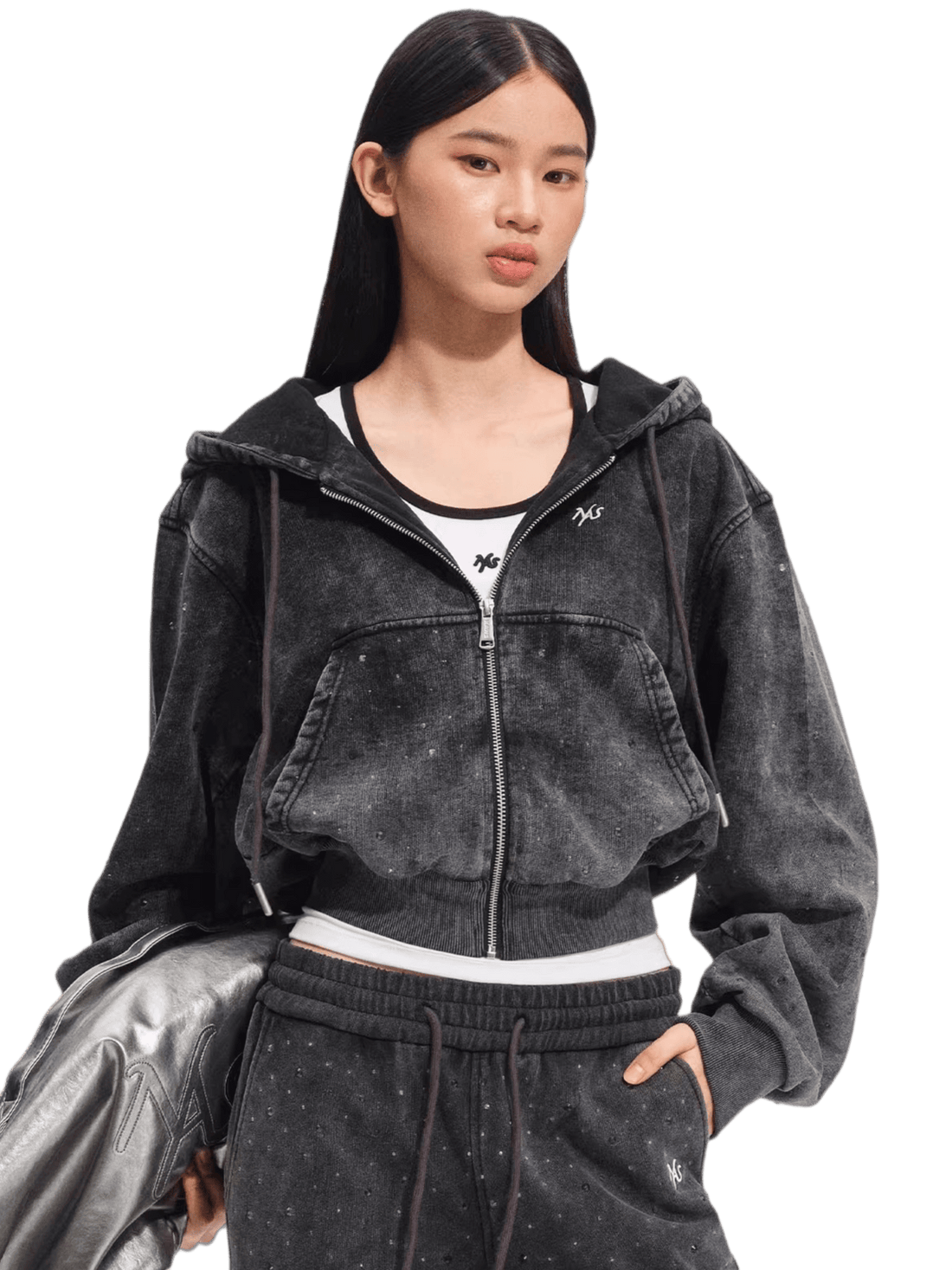 Embellished Washed Cotton Cropped Hoodie