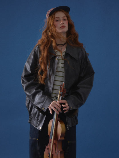 Vintage Bow Embossed Leather Jacket