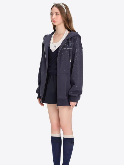 Faux-Diamond Embellished Relaxed Hoodie Jacket