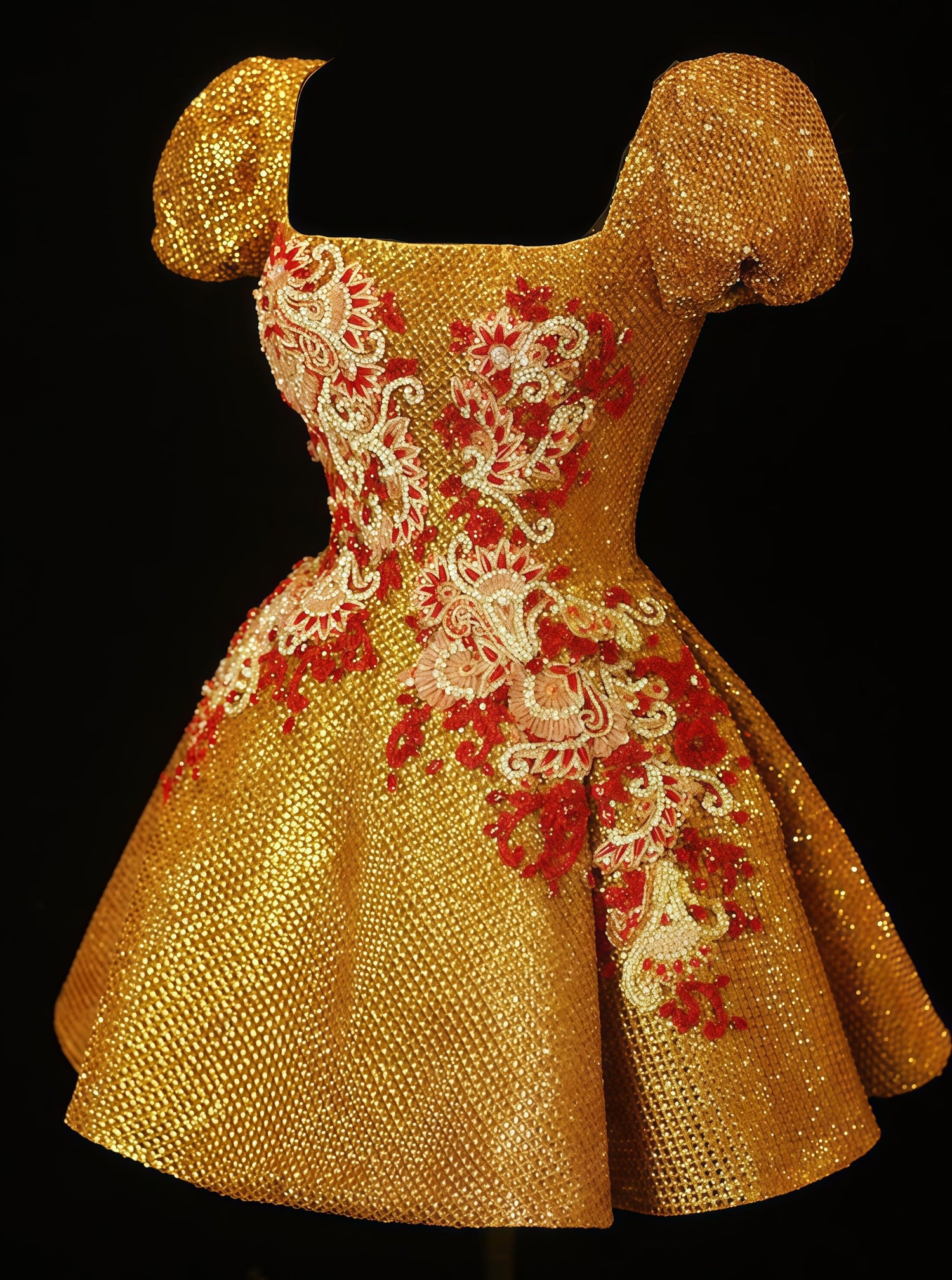 Golden Baroque Embellished Puff Sleeve Mini Dress