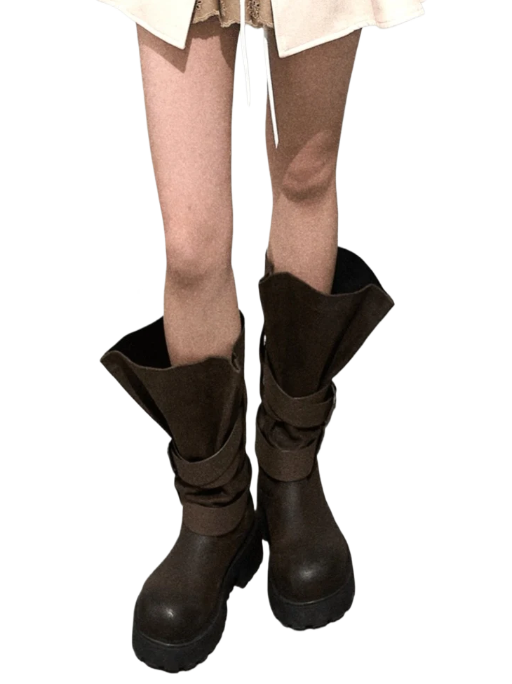 Vintage Petal-Tie Mid-Calf Leather Boots