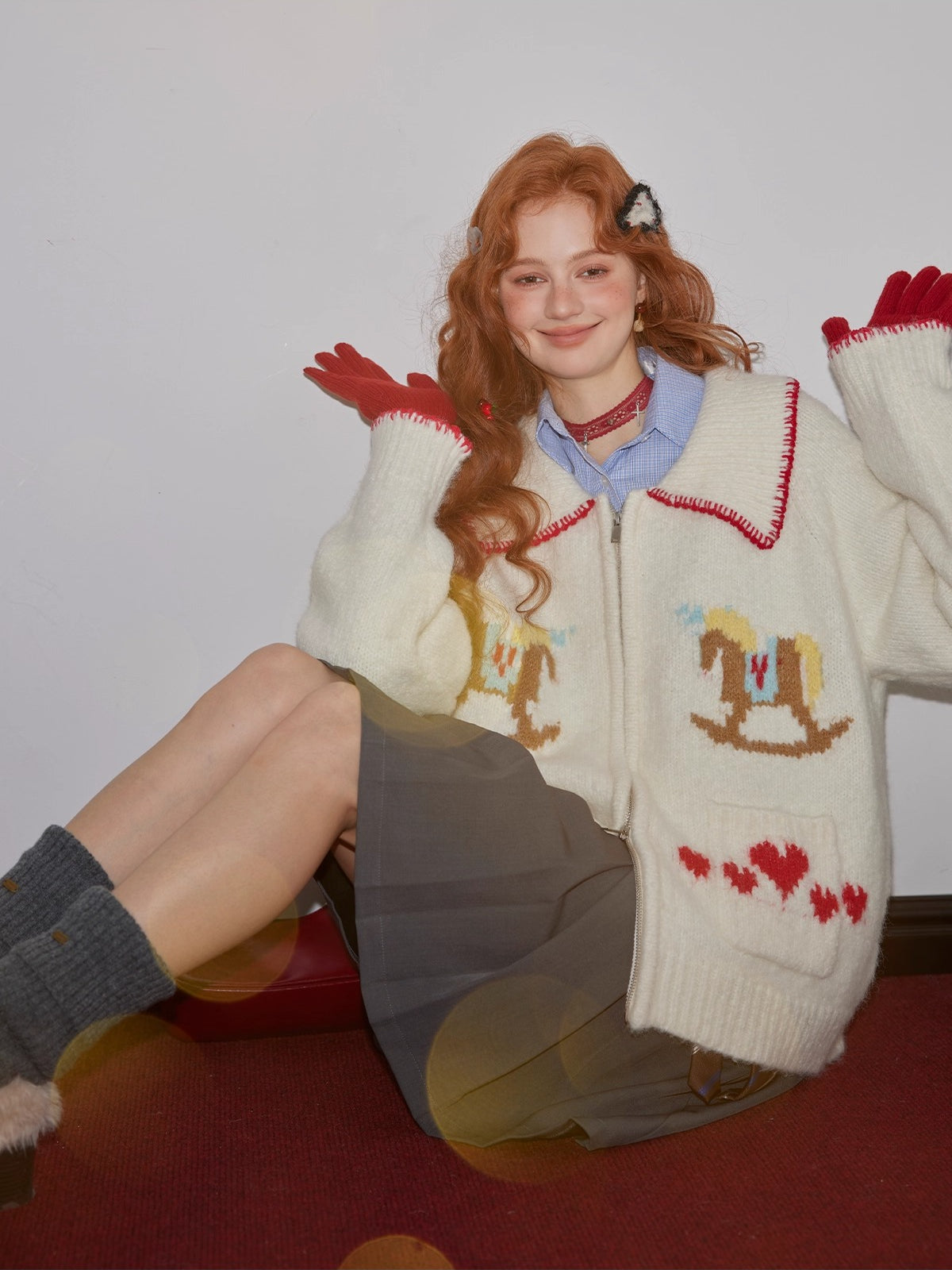 Contrast-Trim Pony Jacquard Zip-Up Knit Cardigan