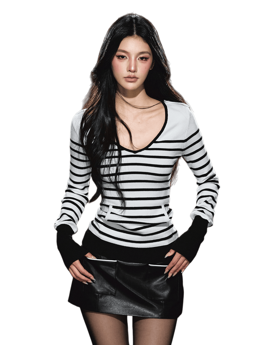 Stripe Contrast V-Neck Long-Sleeve T-Shirt