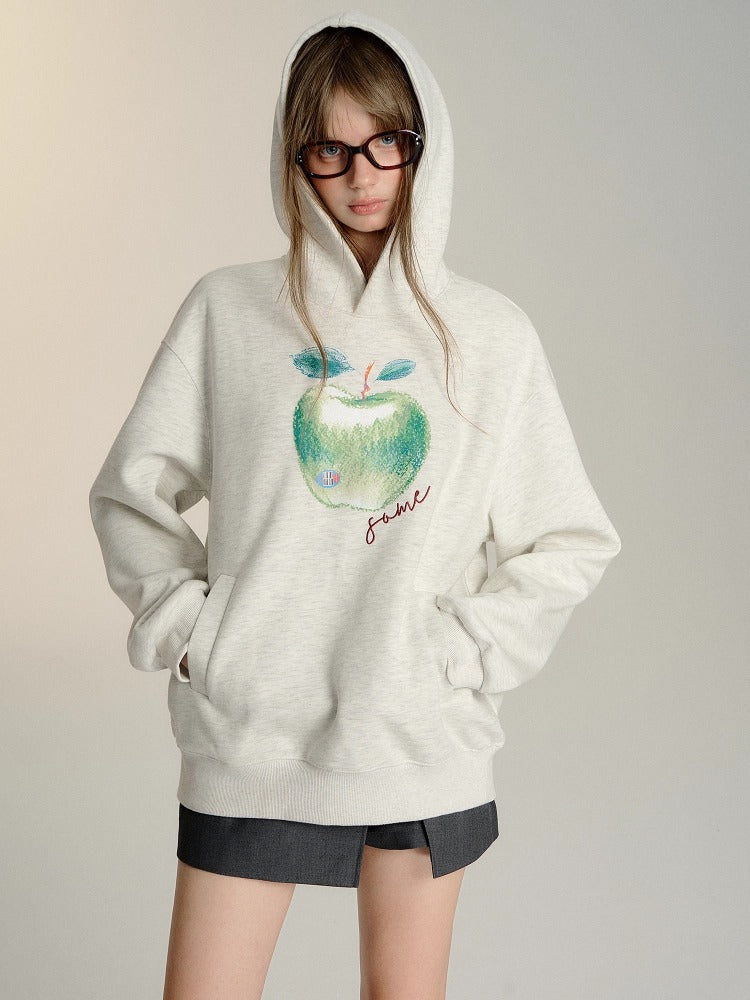 Light Gray &amp; Navy Blue Green Apple Print  Hoodie