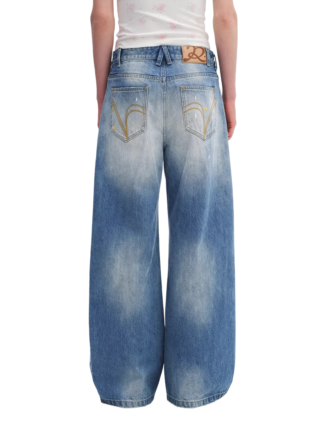 Washed Blue Curved-Leg Wide Denim Jeans