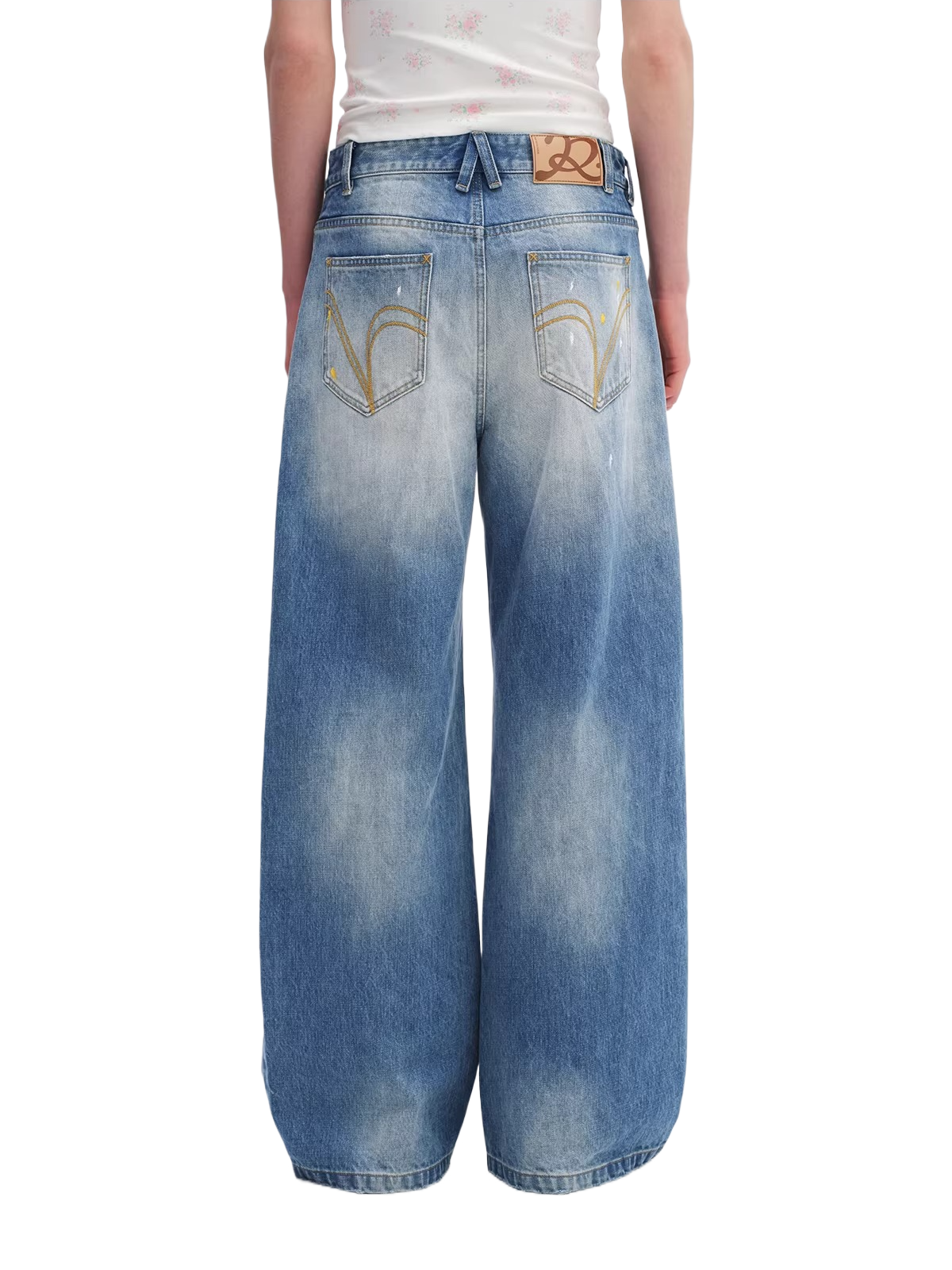 Washed Blue Curved-Leg Wide Denim Jeans