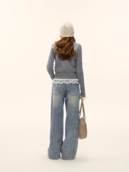 Cable Knit Lace-Hem Drawstring Sweater