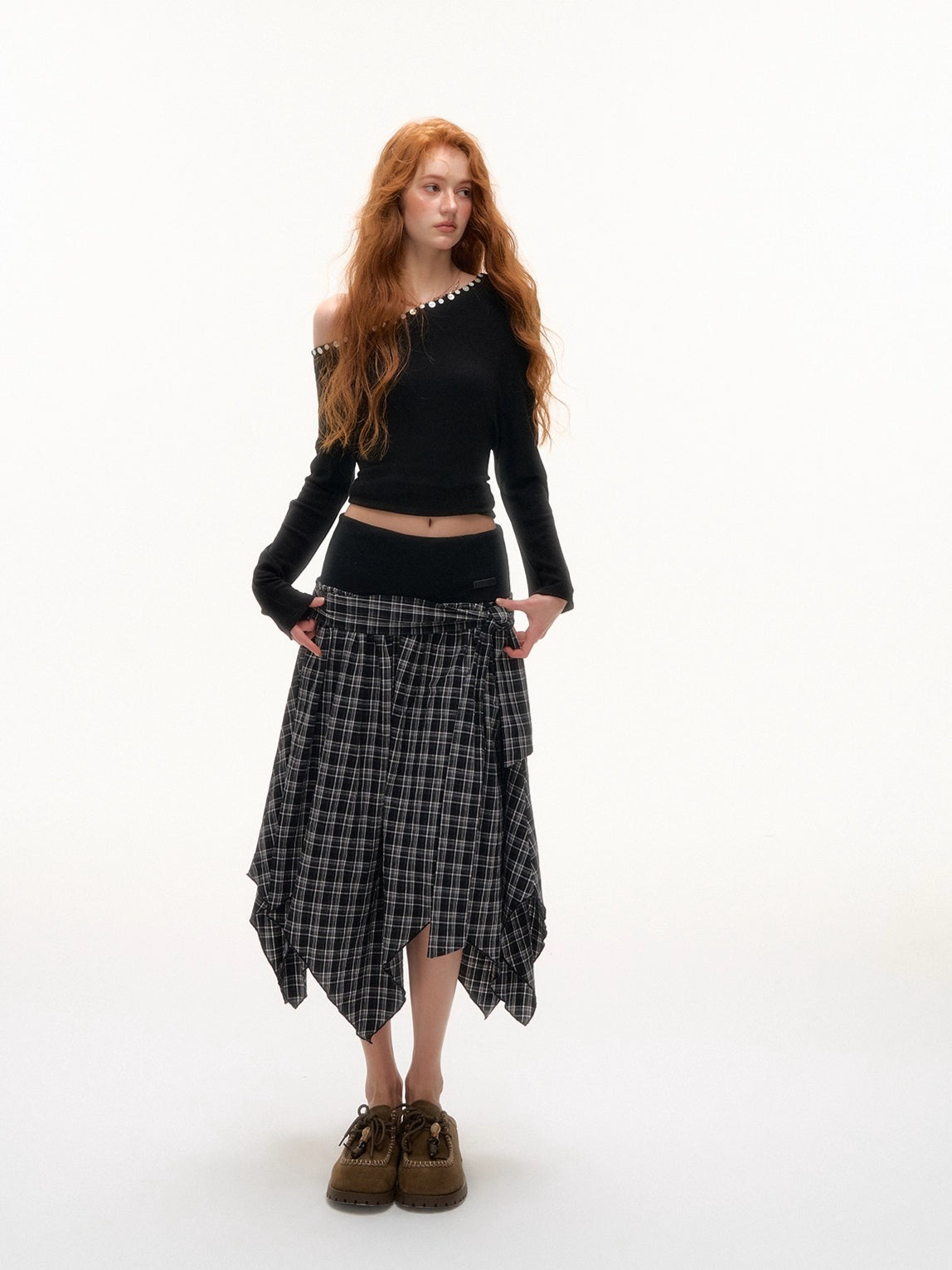 Off-Shoulder Pearl-Button Long-Sleeve T-Shirt