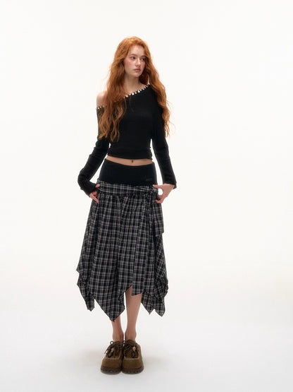 Off-Shoulder Pearl-Button Long-Sleeve T-Shirt