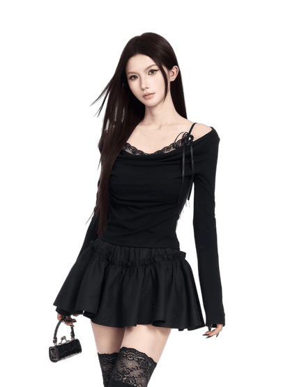Cowl-Neck Faux Two-Piece Knit Base Layer