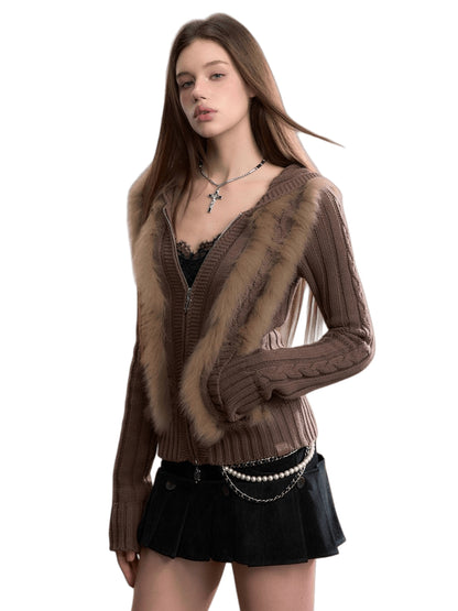 Fox Fur Trim Hooded Knit Cardigan