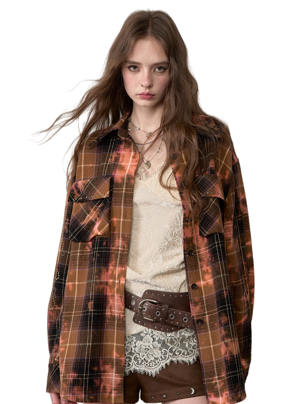 Vintage Plaid Studded Oversized Shirt