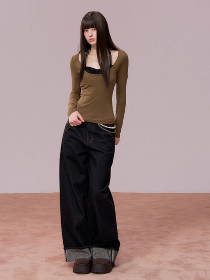 Lace-Panel Contrast Fitted Knit T-Shirt