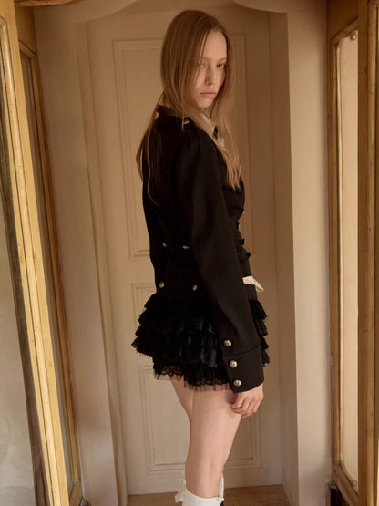 Button Chiffon Lace Layered Mini Skirt