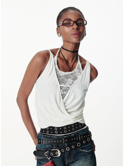 Lace-pieced V-Neck Halter T-shirt