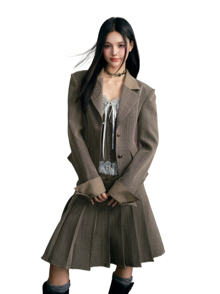 Brown Shawl Collar Jacket &amp; Skirt Set