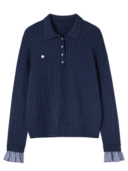 Cable Knit Polo Collar Plaid Splicing Sweater