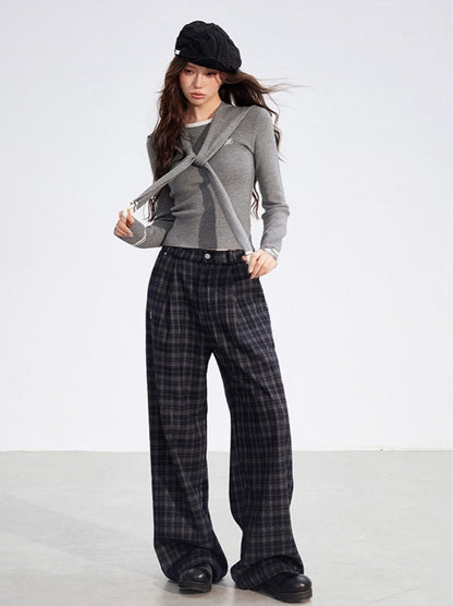 Plaid Fleece-Lined Wide-Leg Trousers