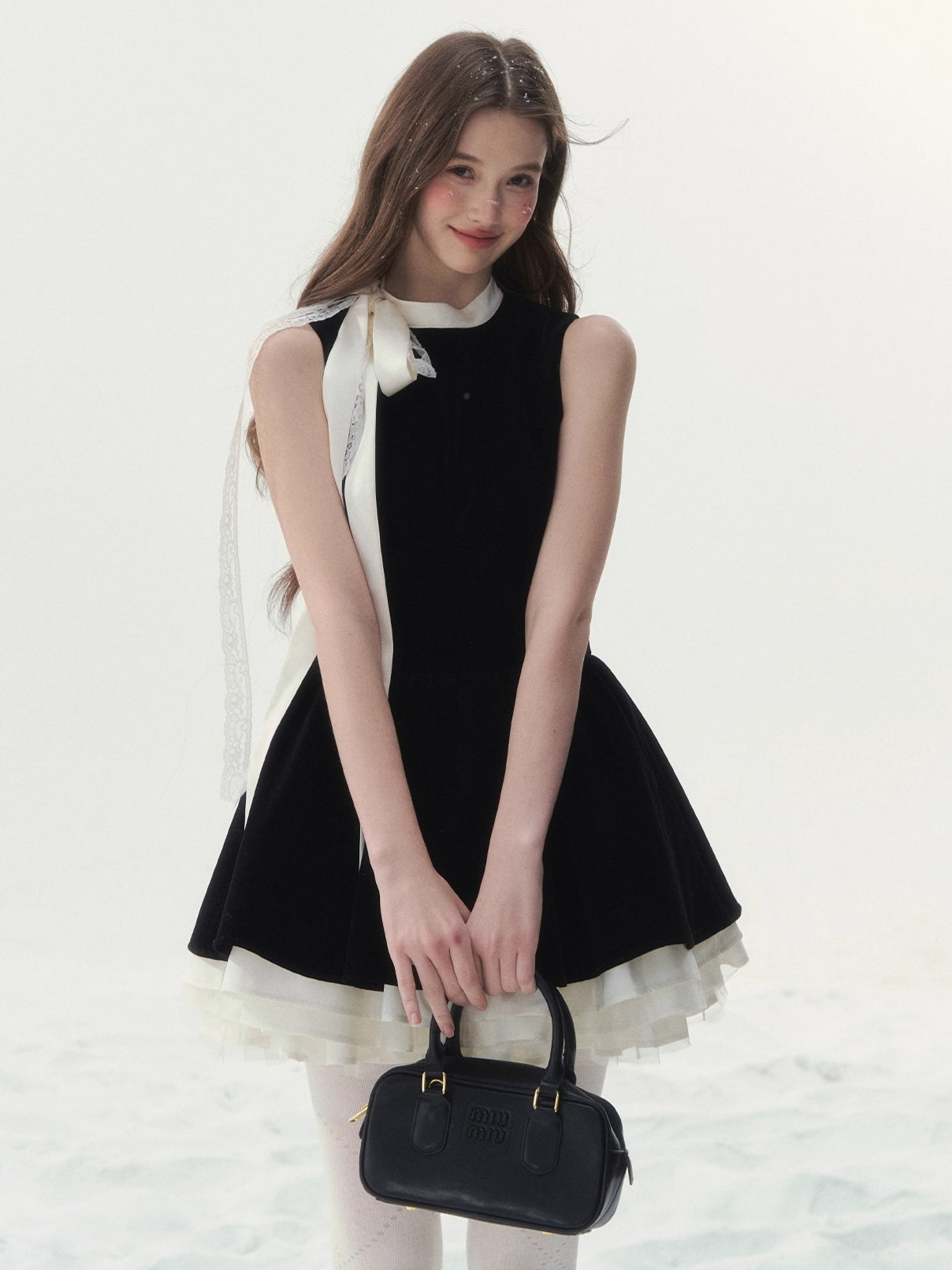 Piano-Key Bow Puff Mini Dress