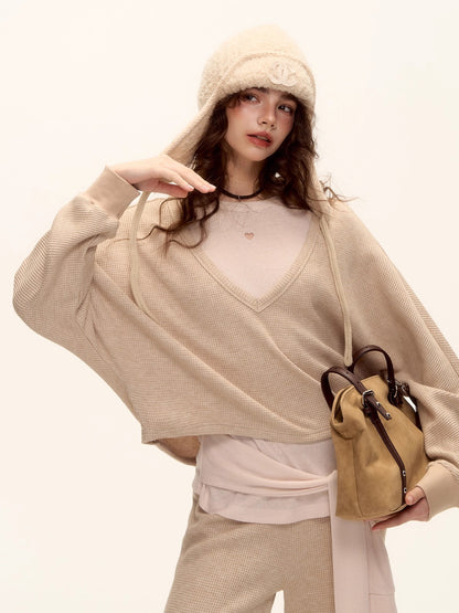 Waffle Knit V-Neck Pullover &amp; Tank Top &amp; Wide-Leg Pants Set