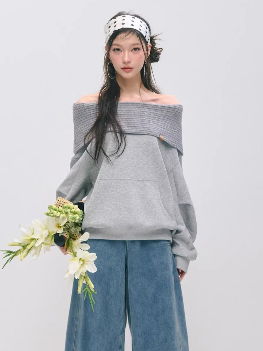 Off-Shoulder Panelled Relaxed Pullover Sweatshirt