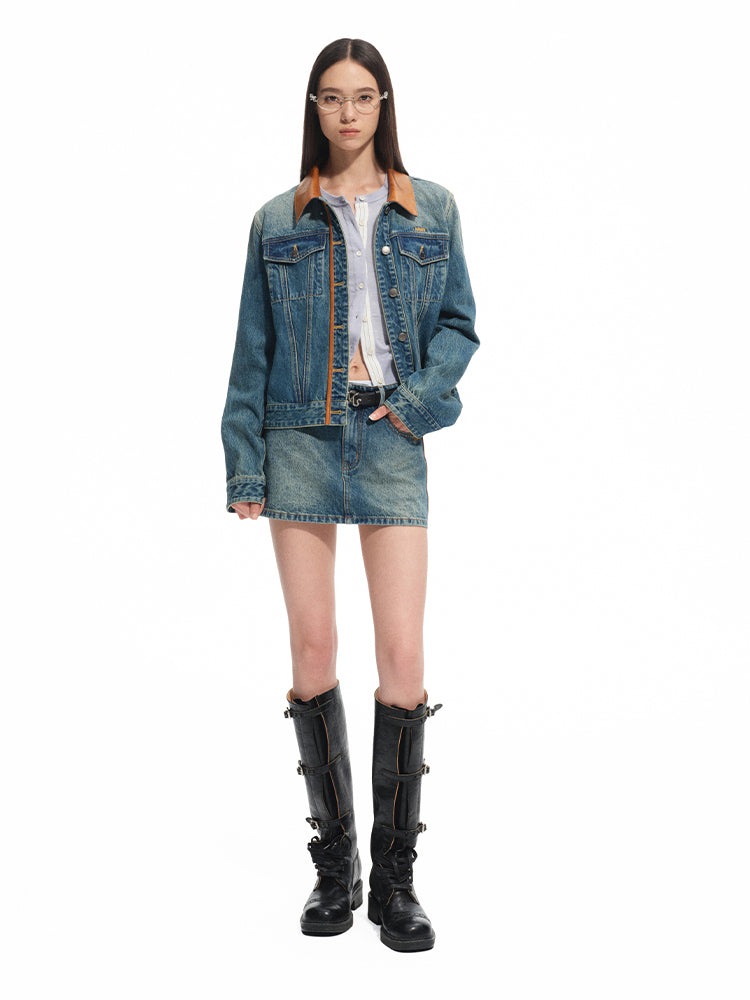 Washed Denim Twill Leather Patchwork Mini Skirt - CHINASQUAD
