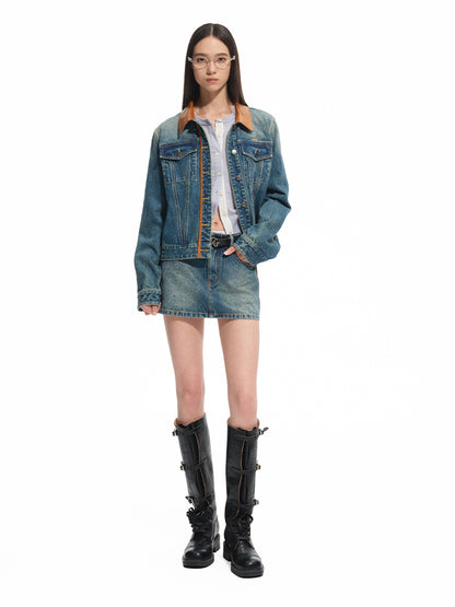 Washed Denim Twill Leather Patchwork Mini Skirt - CHINASQUAD