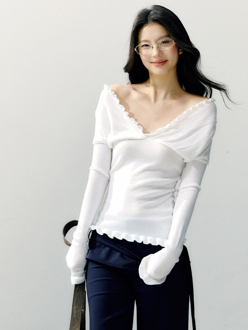 Off-Shoulder Ruffle Trim Fitted Knit Base Layer