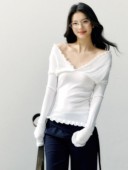 Off-Shoulder Ruffle Trim Fitted Knit Base Layer