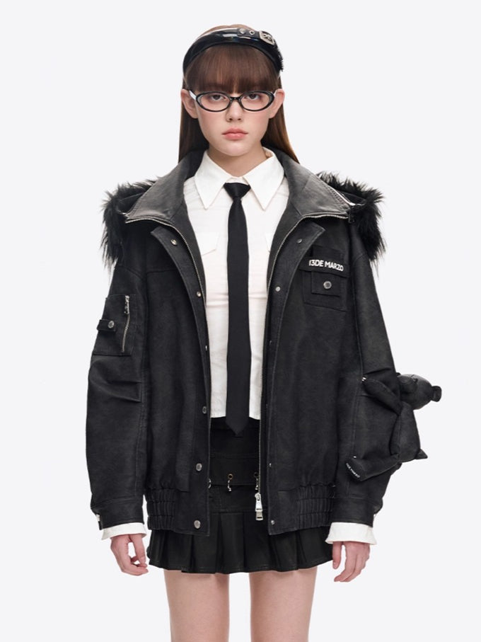 Detachable Fur Collar PU Padded Jacket