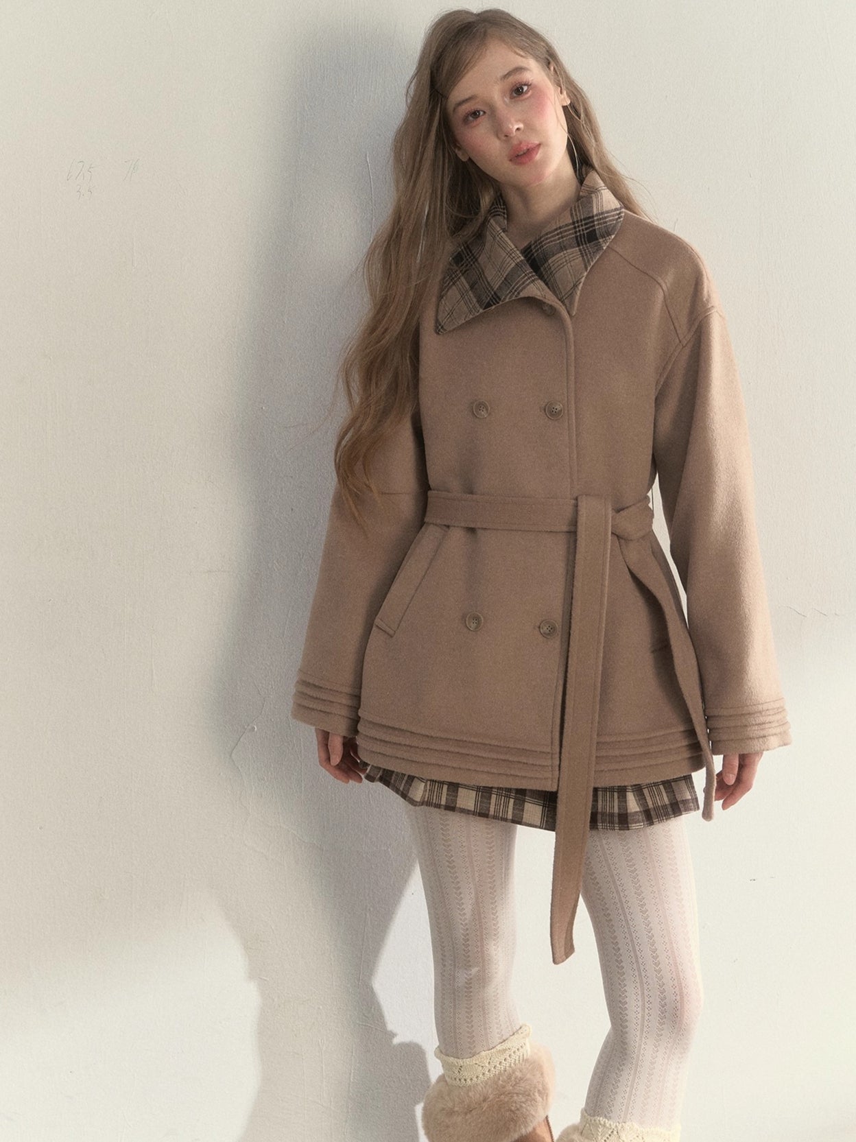 Khaki &amp; Misty Pink Plaid Collar &amp; Belt  Wool Coat