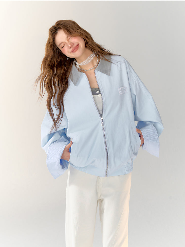 Light Blue Collar Color-block Workwear Jacket