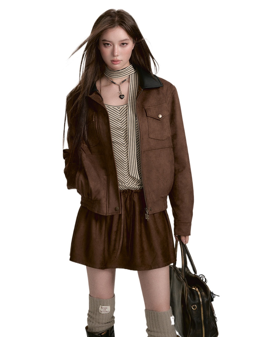 Faux Leather Thickened Cotton Coat &amp; Skirt Set