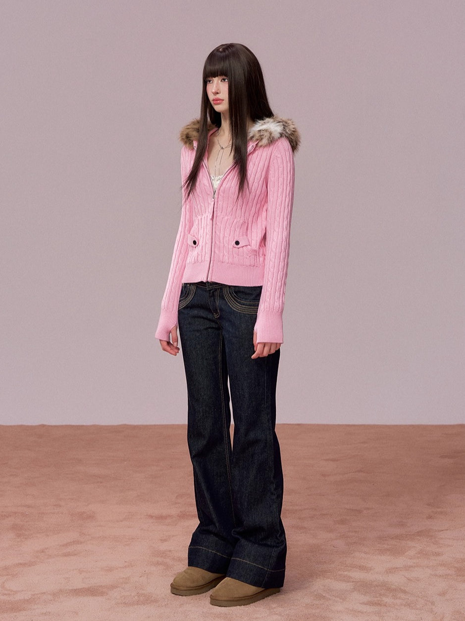 Faux-Fur Collar Cable-Knit Cardigan