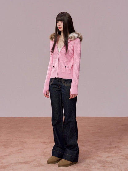 Faux-Fur Collar Cable-Knit Cardigan