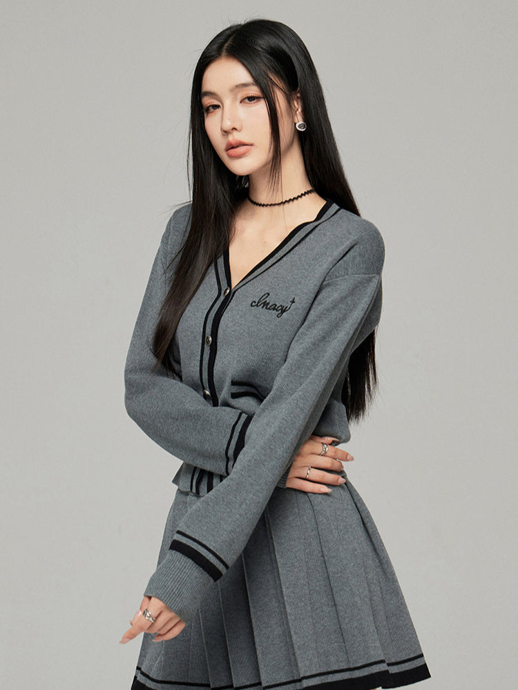 Contrast Color Knit V-neck Cardigan Set