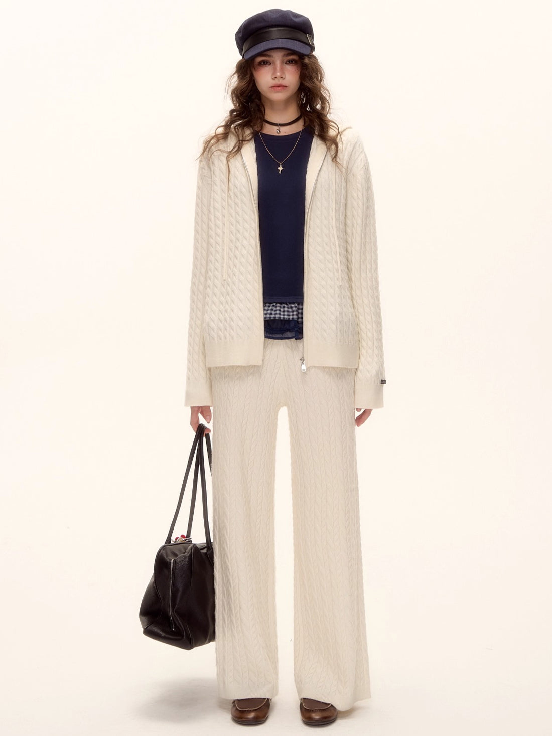 Wool Blend Cable Knit Zipped Hoodie &amp; Wide-Leg Pants Set